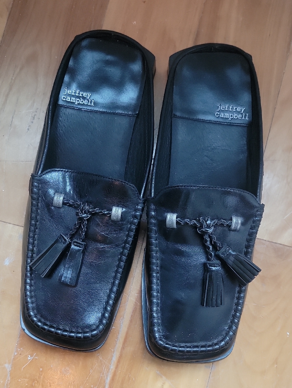 Jeffrey Campbell Black Leather Tassel Slip-On Loafers